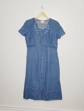 Vintage Blue Jean Dress 100% Cotton Faux Blazer 1pc Embroidery Details Plus Size